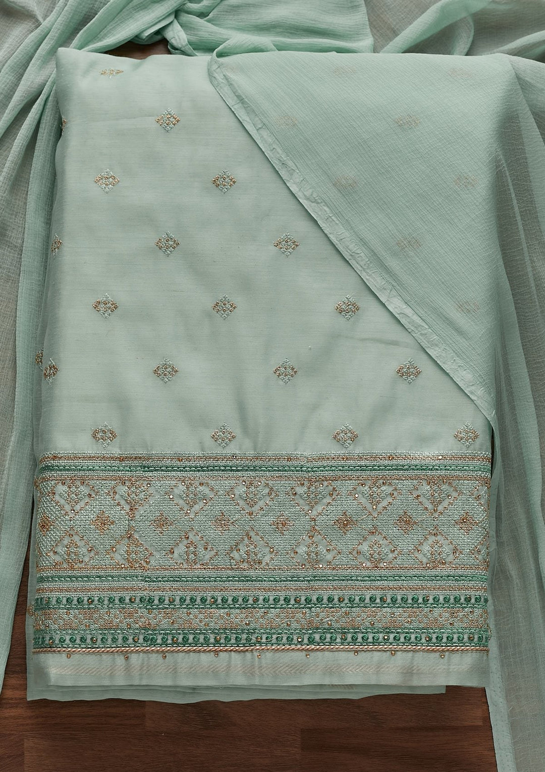 Sea Green Threadwork Chanderi Designer Unstitched Salwar Suit - Koskii