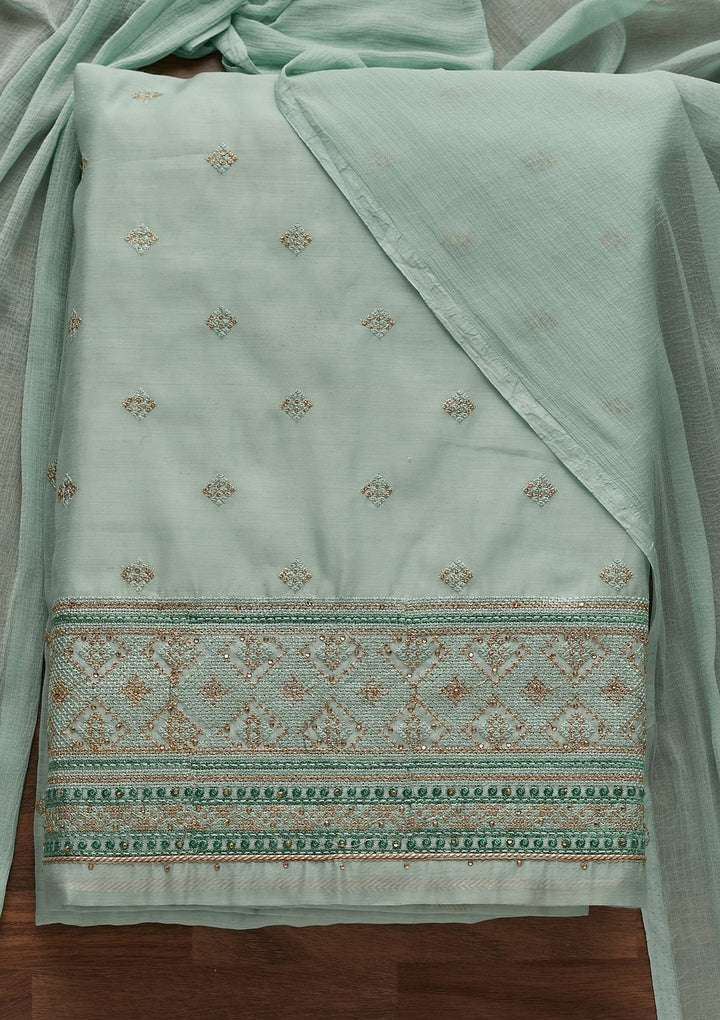 Sea Green Threadwork Chanderi Designer Unstitched Salwar Suit - Koskii