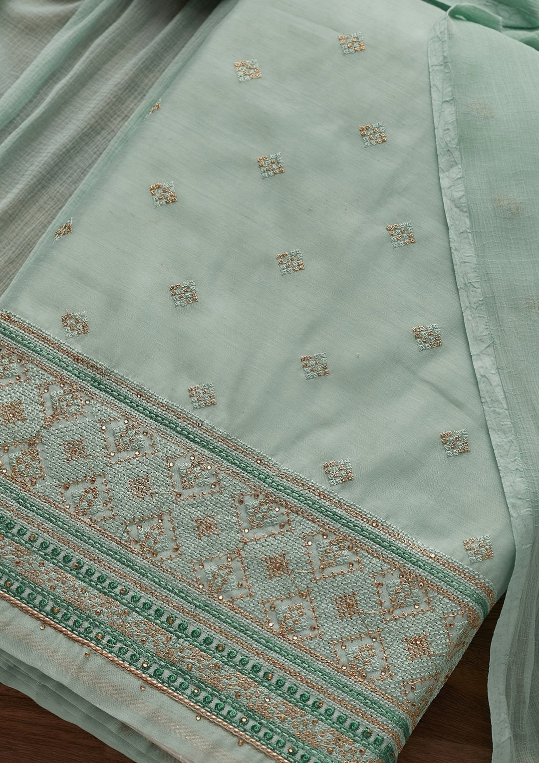 Sea Green Threadwork Chanderi Designer Unstitched Salwar Suit - Koskii