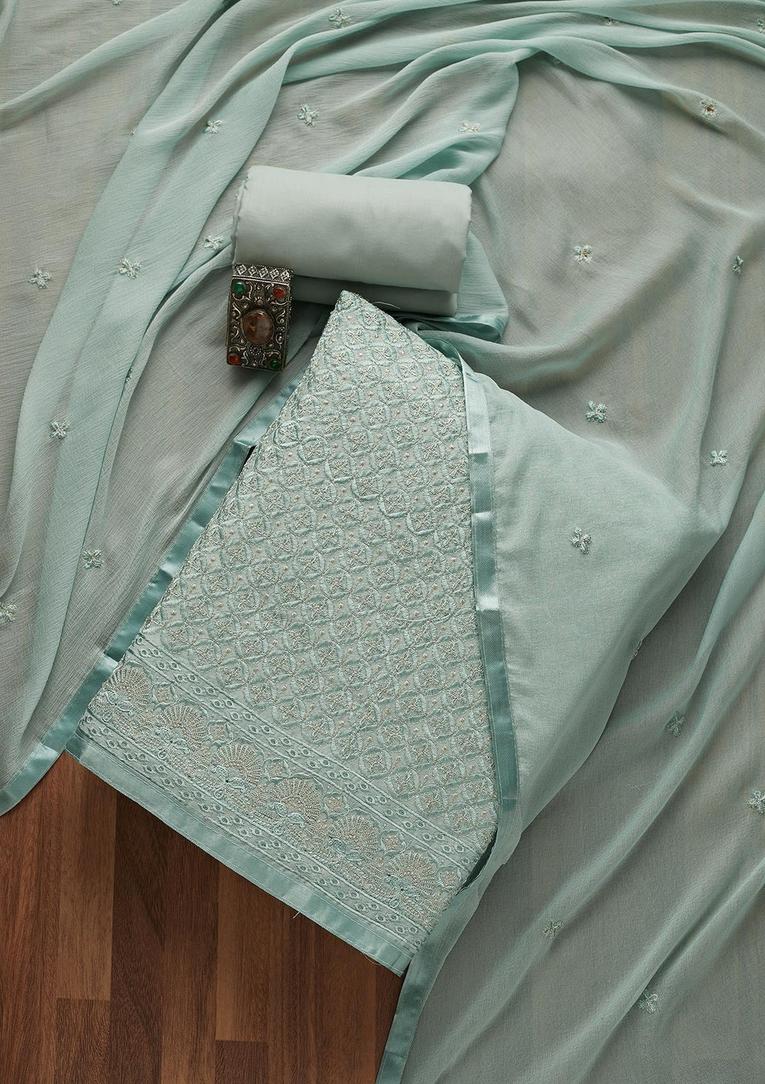 Sea Green Threadwork Chanderi Unstitched Salwar Suit-Koskii