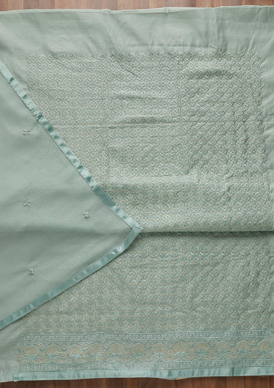 Sea Green Threadwork Chanderi Unstitched Salwar Suit-Koskii