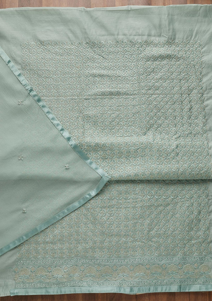 Sea Green Threadwork Chanderi Unstitched Salwar Suit-Koskii