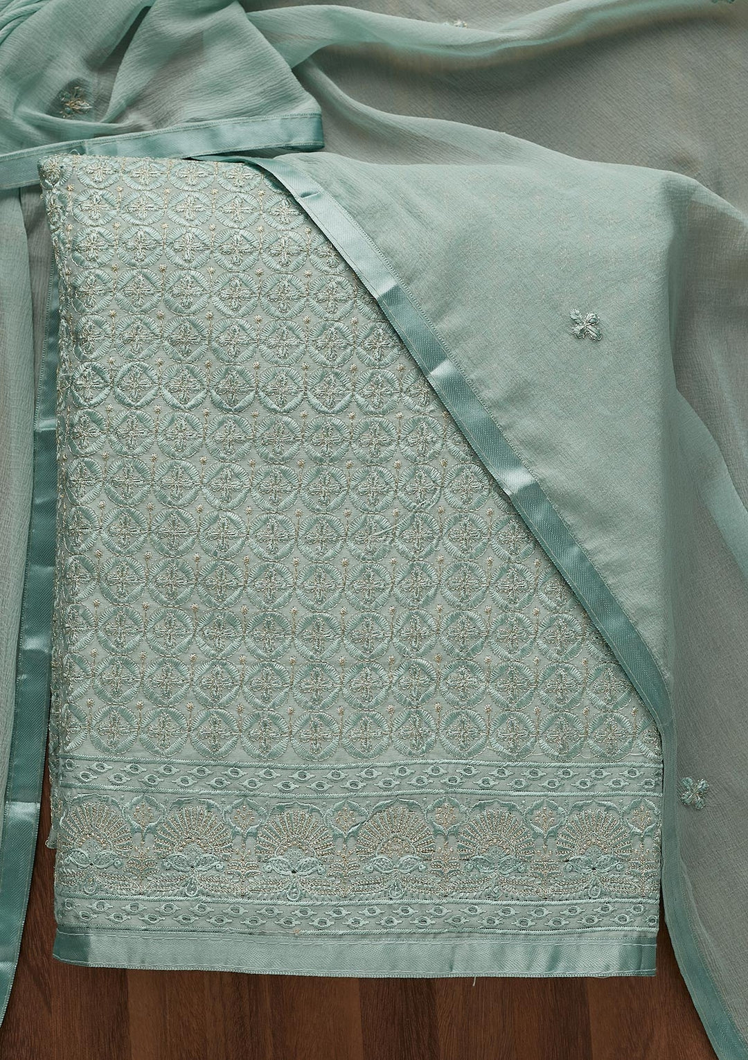 Sea Green Threadwork Chanderi Unstitched Salwar Suit-Koskii