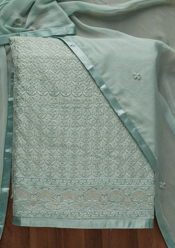 Sea Green Threadwork Chanderi Unstitched Salwar Suit-Koskii