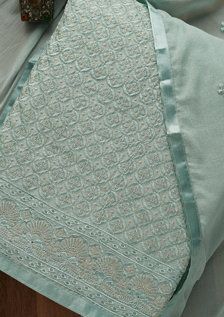 Sea Green Threadwork Chanderi Unstitched Salwar Suit-Koskii