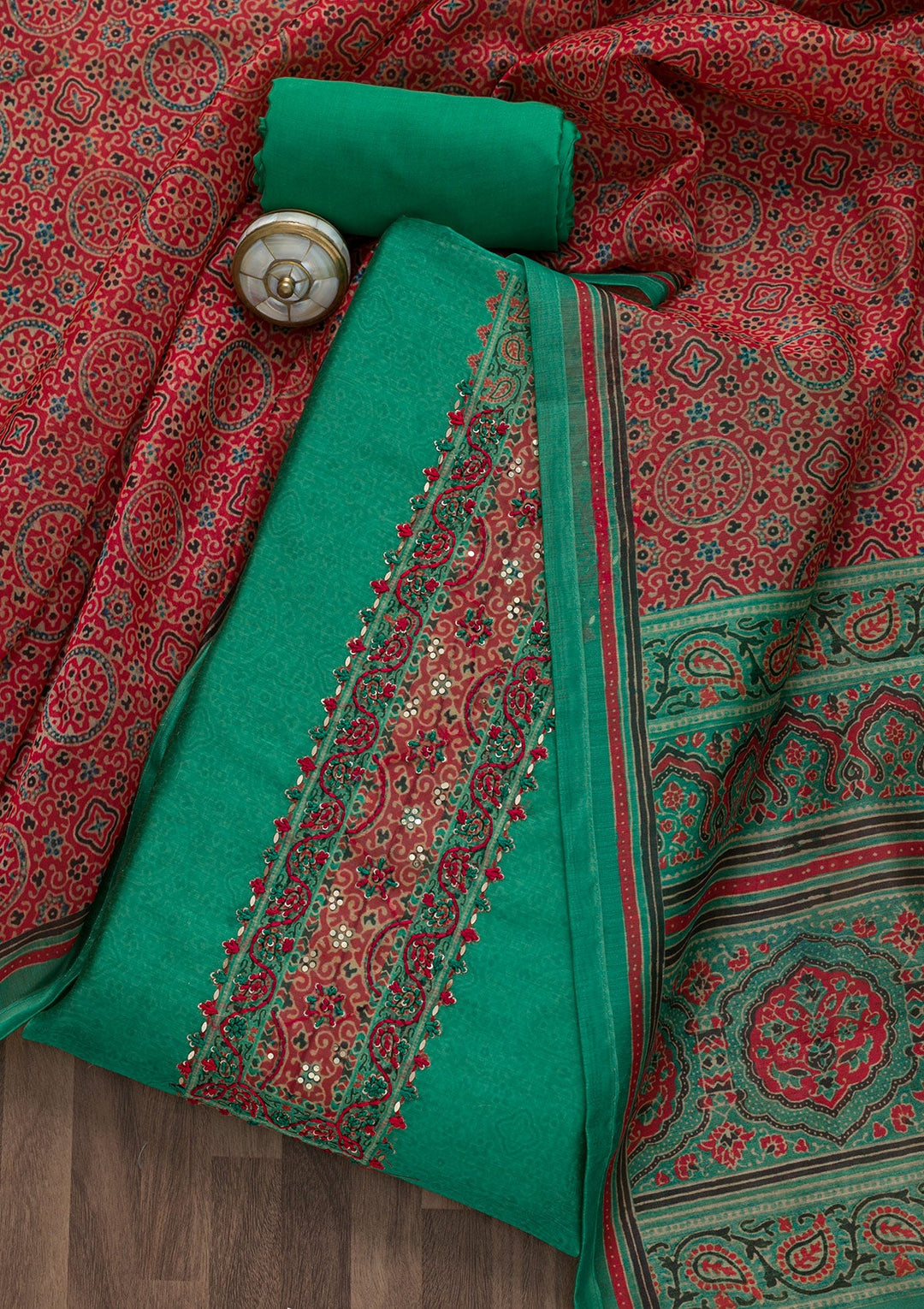 Sea Green Threadwork Chanderi Unstitched Salwar Suit-Koskii