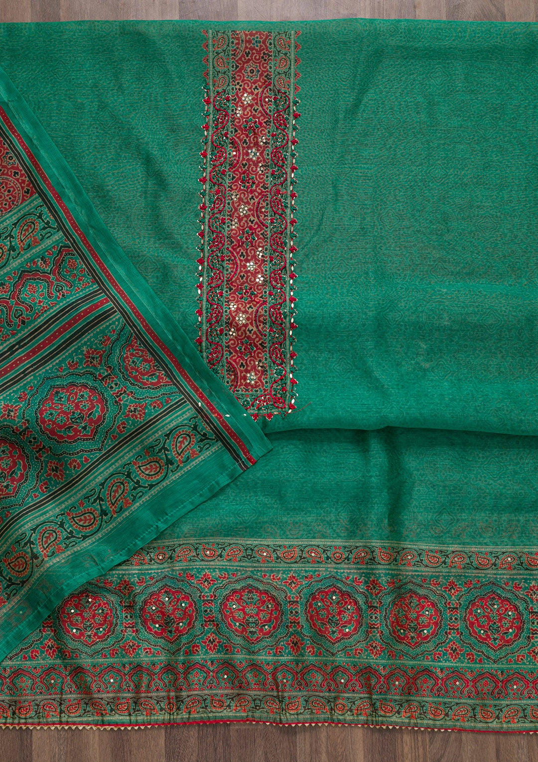 Sea Green Threadwork Chanderi Unstitched Salwar Suit-Koskii