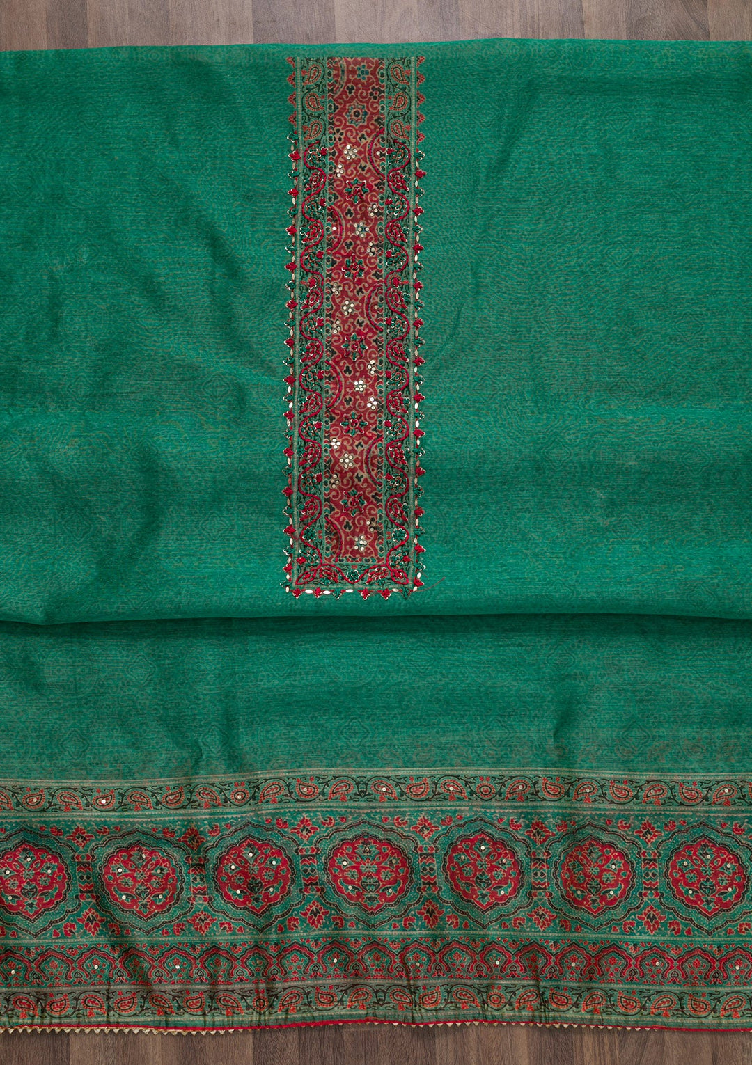 Sea Green Threadwork Chanderi Unstitched Salwar Suit-Koskii
