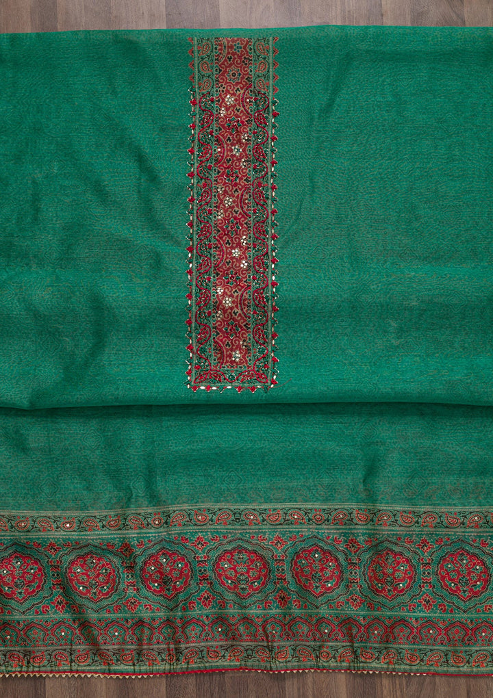 Sea Green Threadwork Chanderi Unstitched Salwar Suit-Koskii