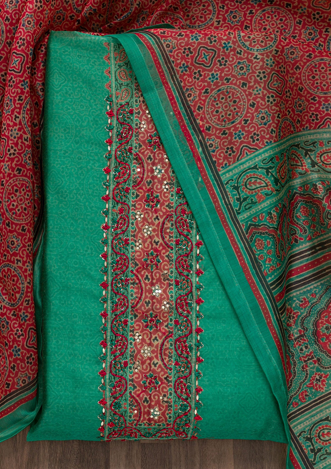 Sea Green Threadwork Chanderi Unstitched Salwar Suit-Koskii