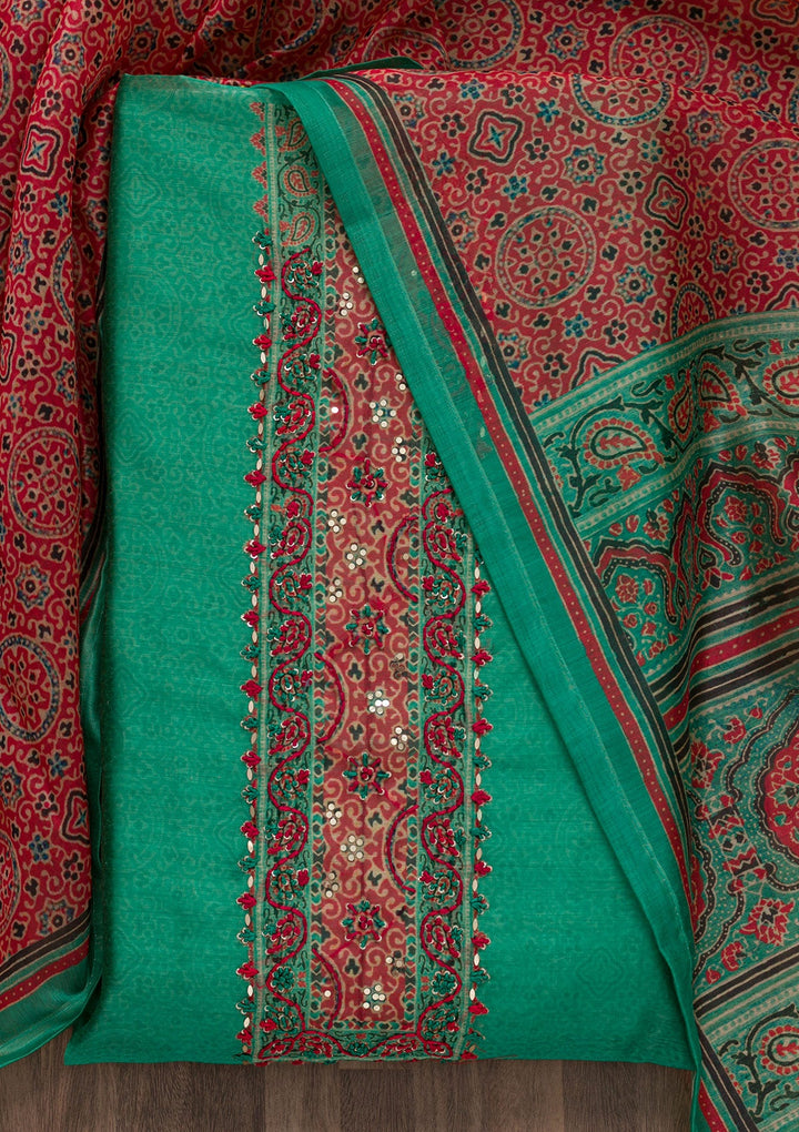 Sea Green Threadwork Chanderi Unstitched Salwar Suit-Koskii