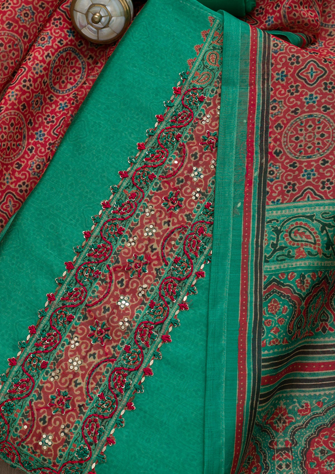 Sea Green Threadwork Chanderi Unstitched Salwar Suit-Koskii