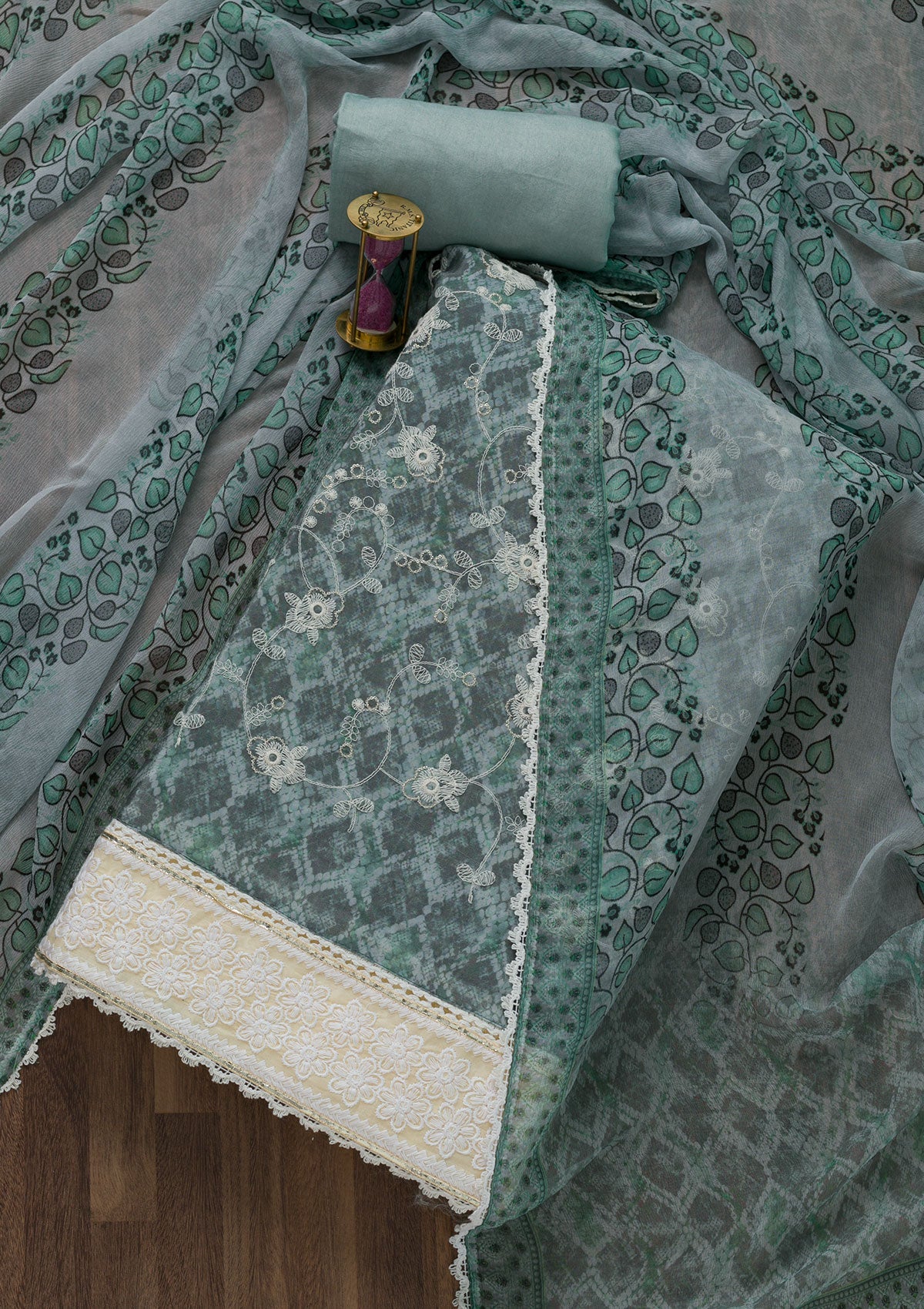 Sea Green Threadwork Chiffon Unstitched Salwar Suit-Koskii