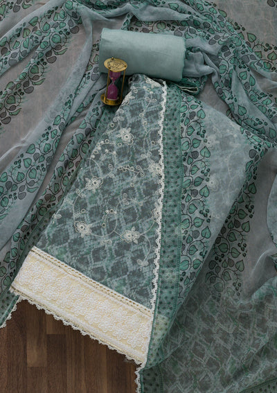 Sea Green Threadwork Chiffon Unstitched Salwar Suit-Koskii