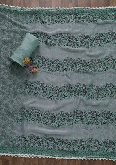 Sea Green Threadwork Chiffon Unstitched Salwar Suit-Koskii