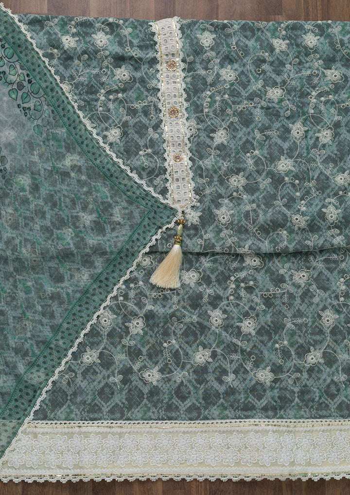Sea Green Threadwork Chiffon Unstitched Salwar Suit-Koskii