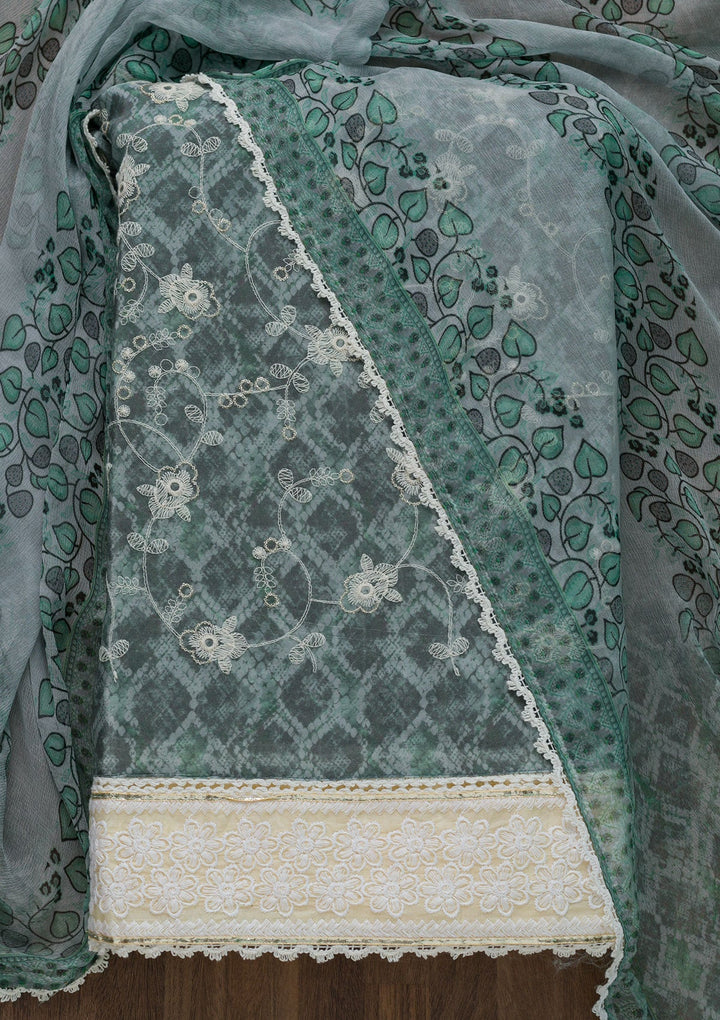 Sea Green Threadwork Chiffon Unstitched Salwar Suit-Koskii