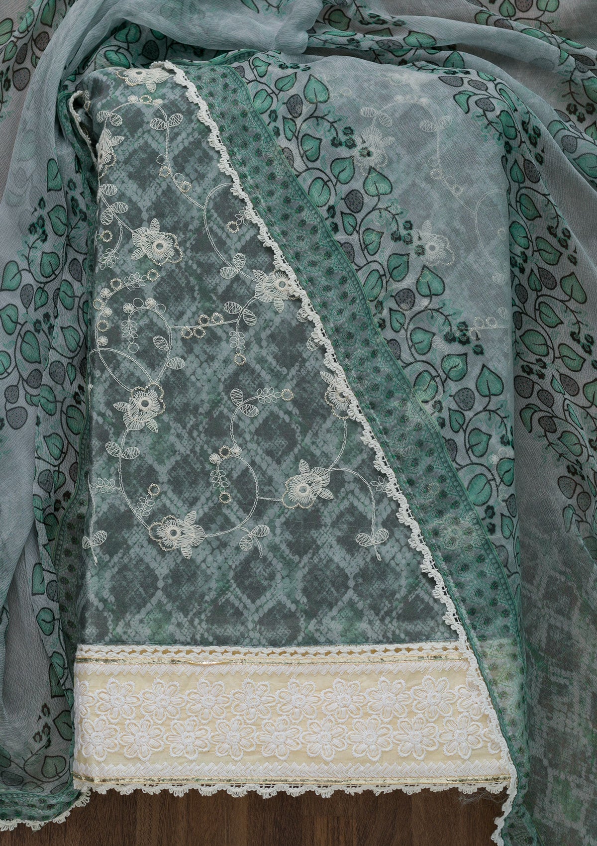 Sea Green Threadwork Chiffon Unstitched Salwar Suit-Koskii