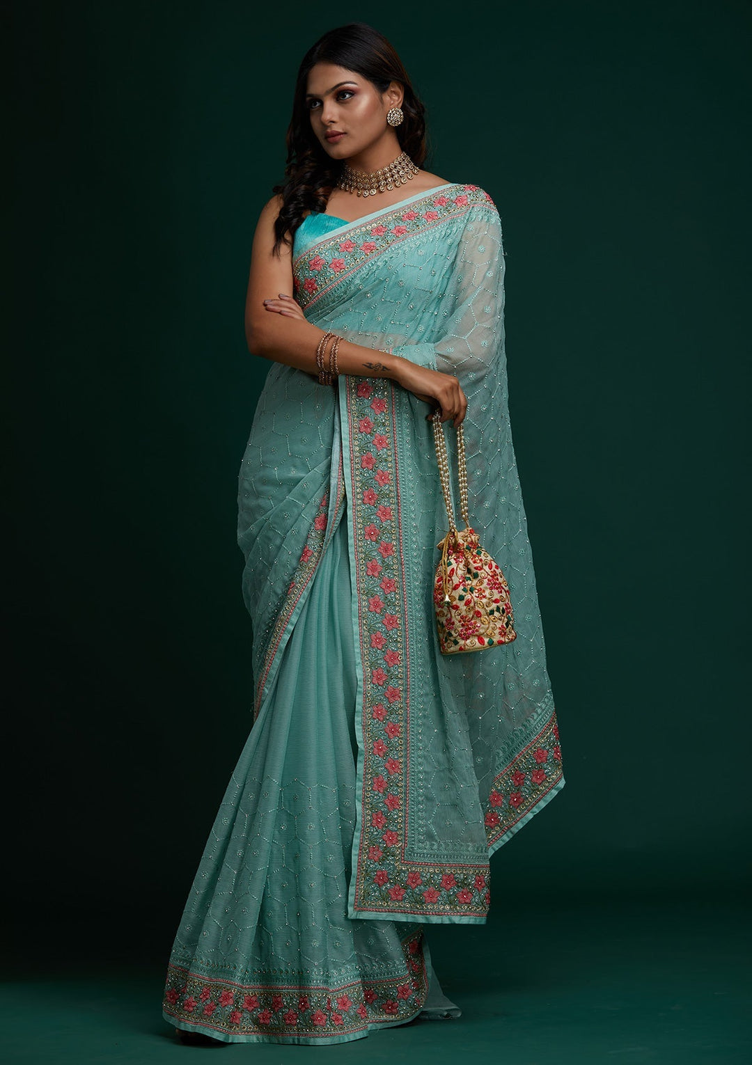 Sea Green Threadwork Chiffon Saree- Koskii
