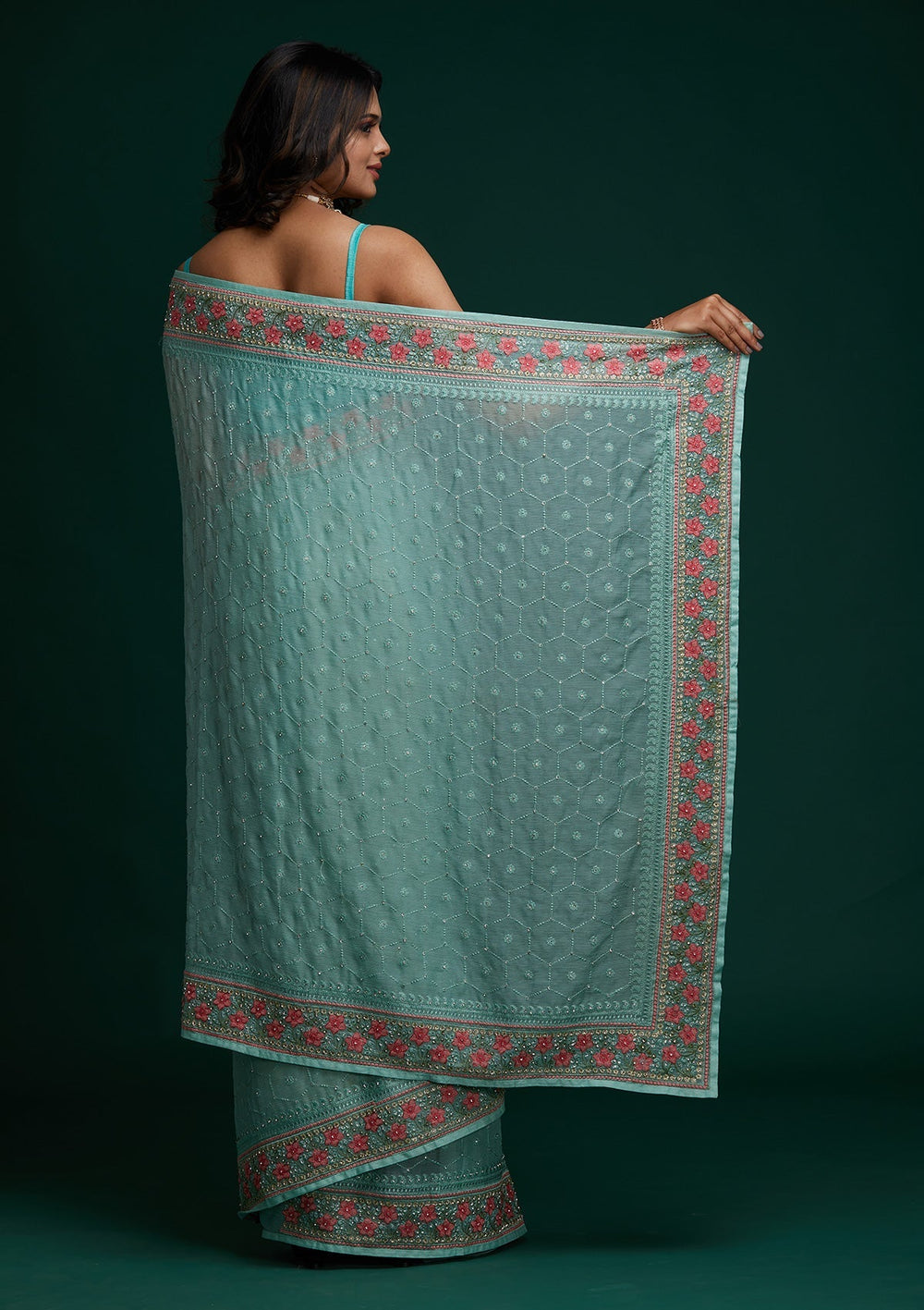 Sea Green Threadwork Chiffon Saree - Koskii