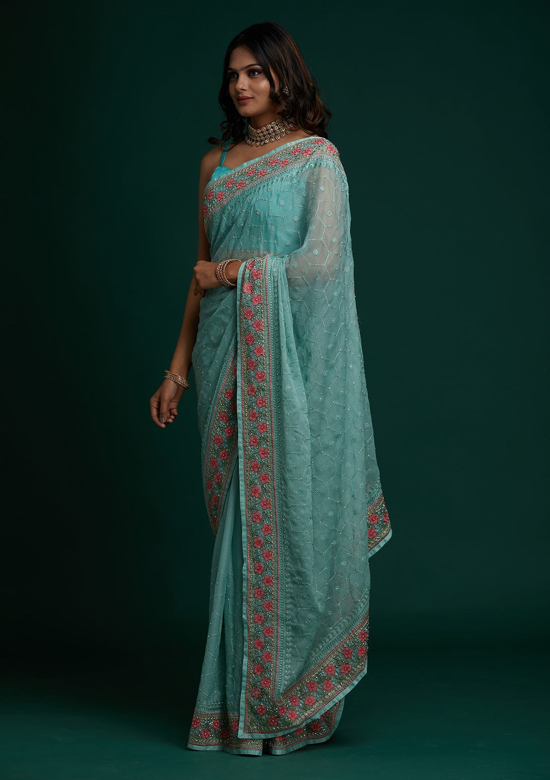 Sea Green Threadwork Chiffon Saree - Koskii