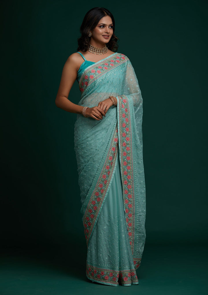 Sea Green Threadwork Chiffon Saree - Koskii