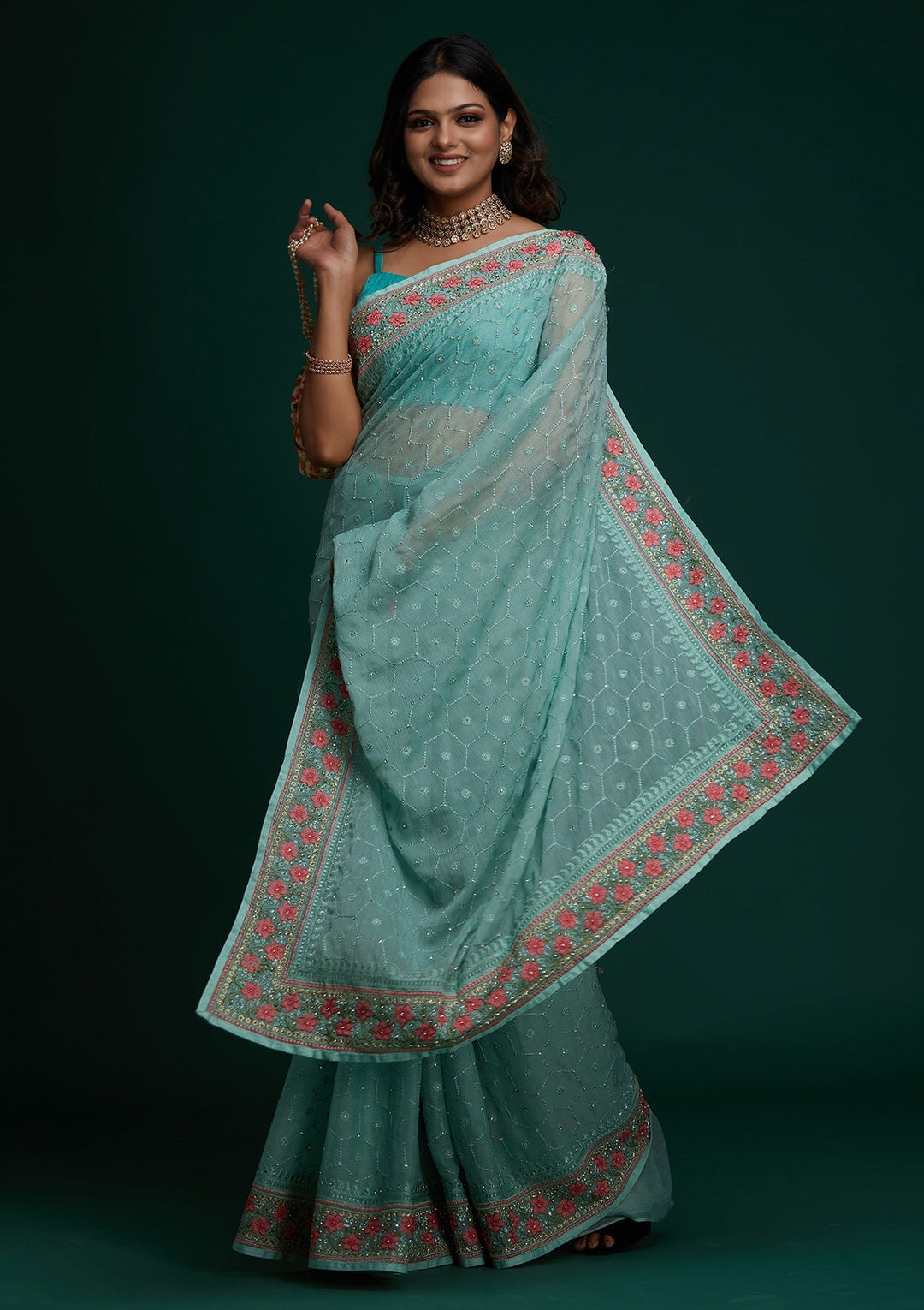 Sea Green Threadwork Chiffon Saree - Koskii