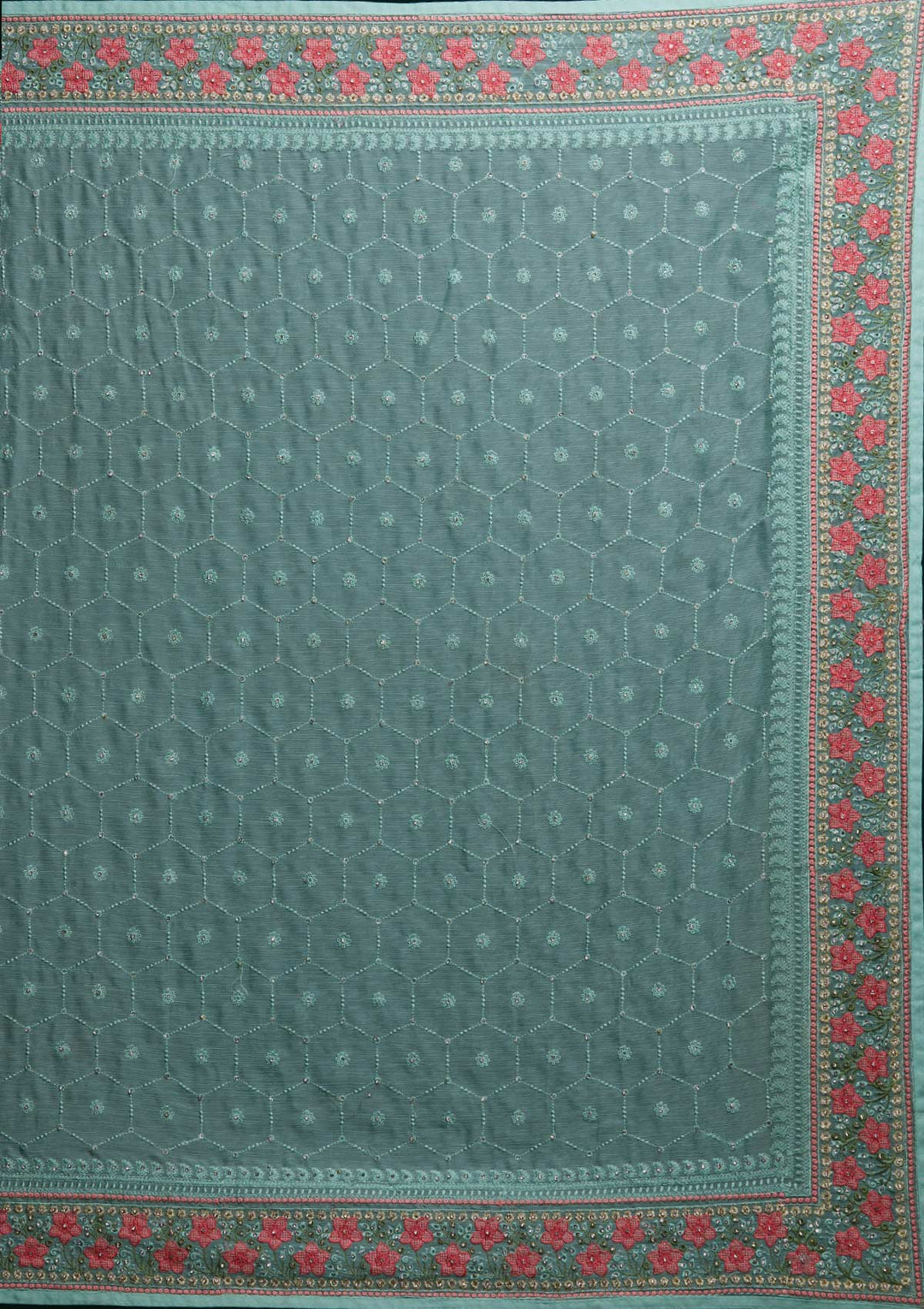 Sea Green Threadwork Chiffon Saree - Koskii