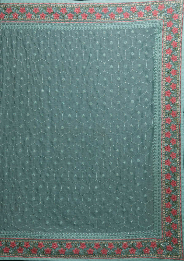 Sea Green Threadwork Chiffon Saree - Koskii