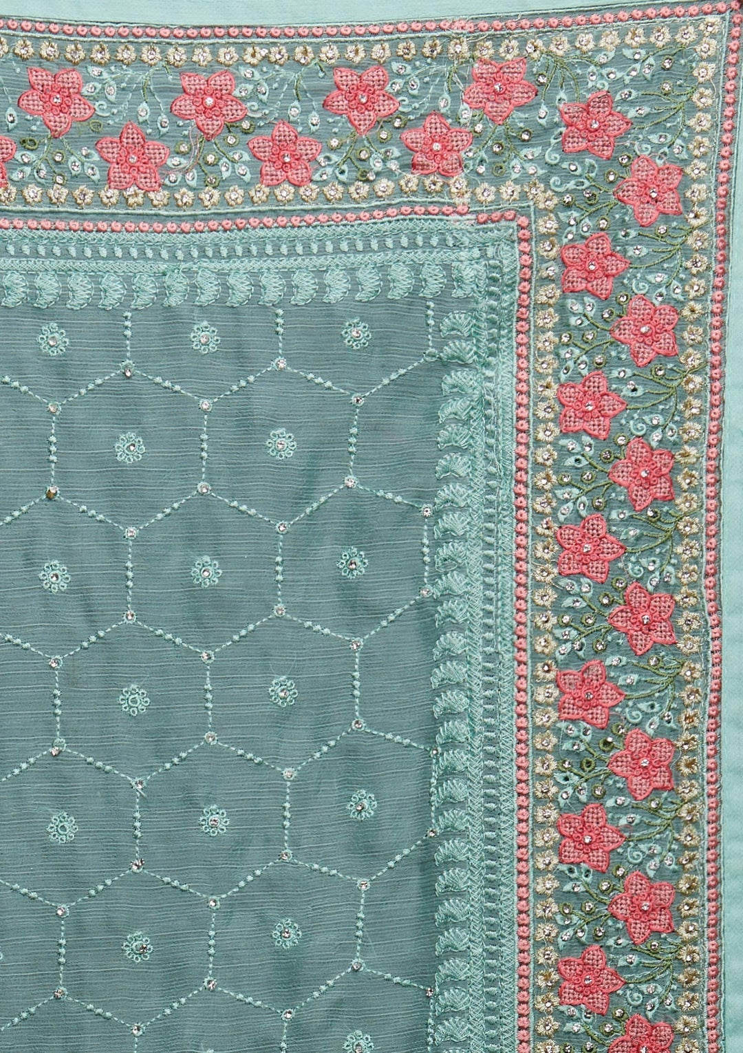 Sea Green Threadwork Chiffon Saree - Koskii