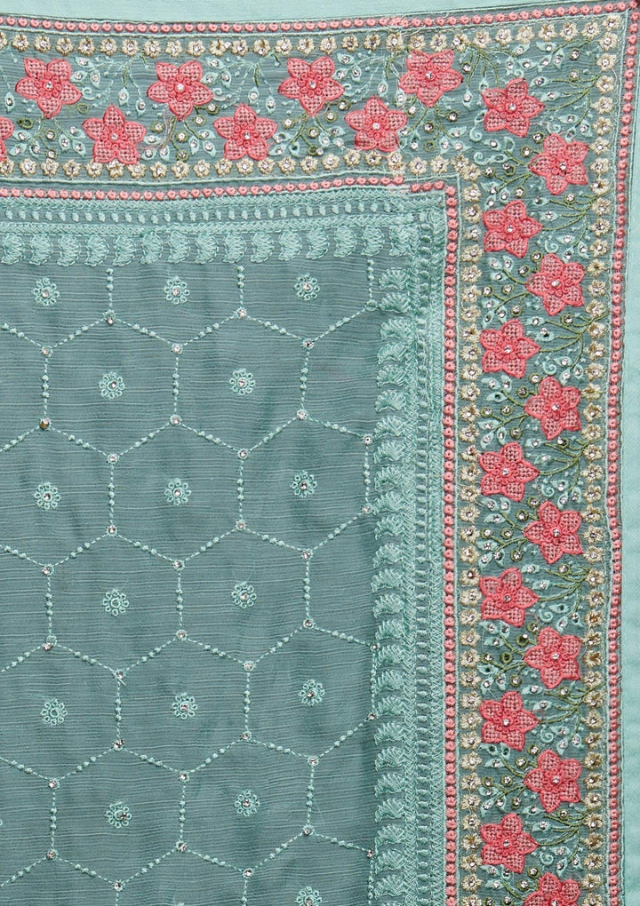 Sea Green Threadwork Chiffon Saree - Koskii