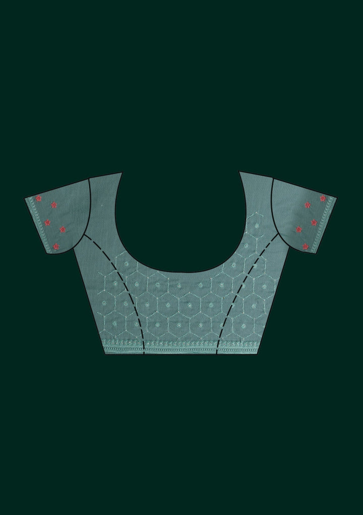 Sea Green Threadwork Chiffon Saree - Koskii