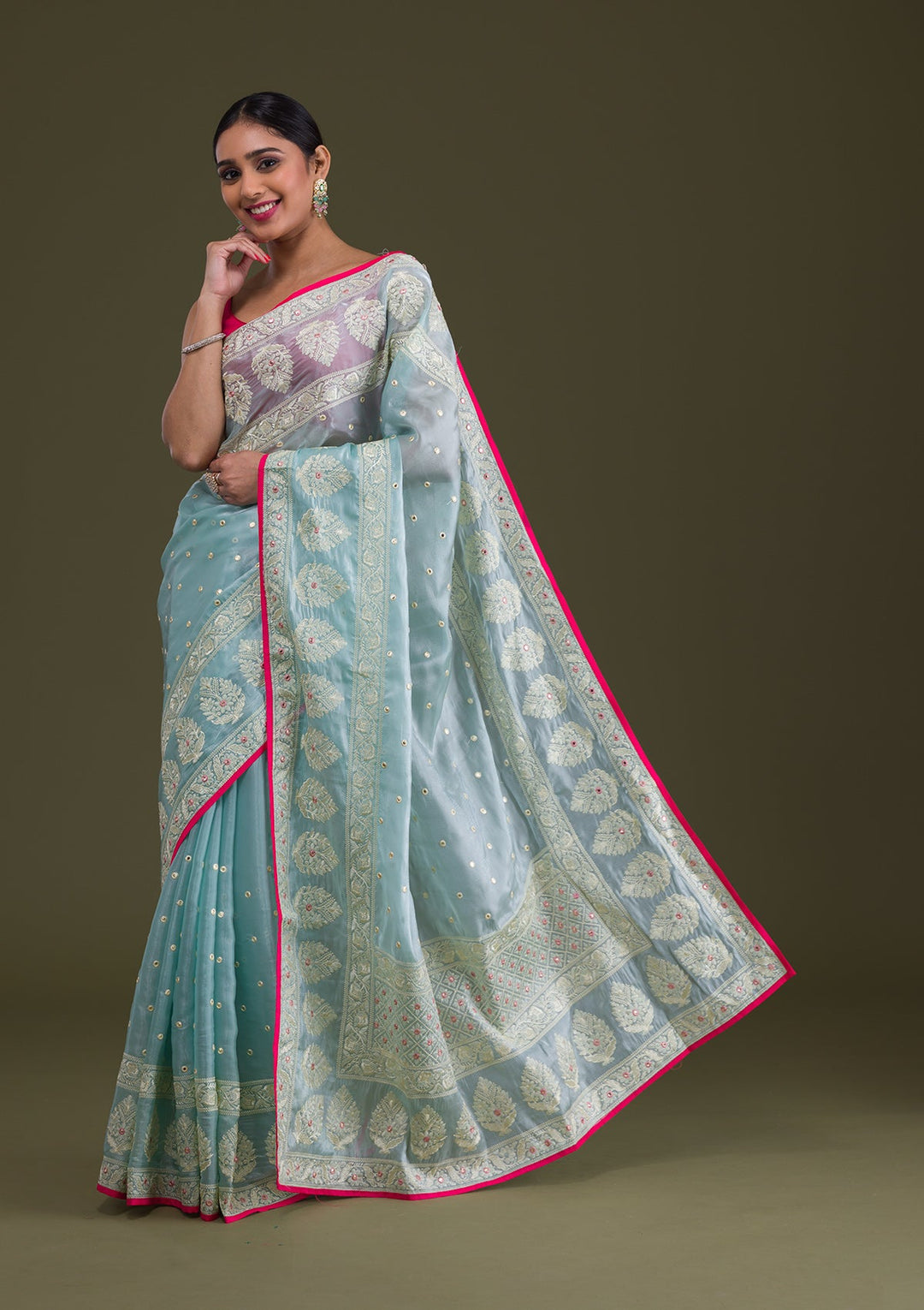 Sea Green Threadwork Organza Saree-Koskii