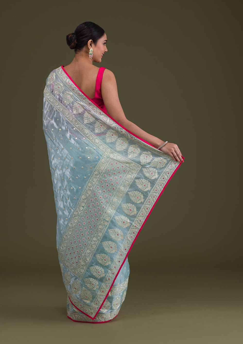 Sea Green Threadwork Organza Saree-Koskii