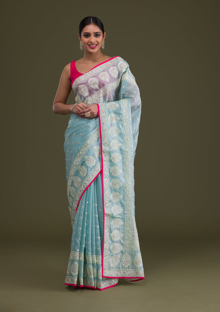 Sea Green Threadwork Organza Saree-Koskii