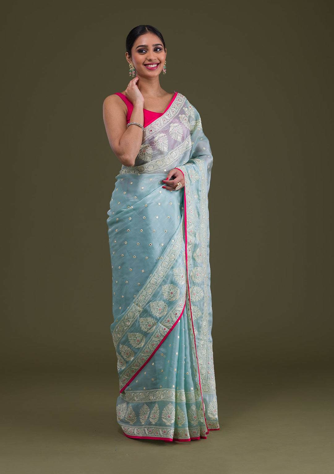 Sea Green Threadwork Organza Saree-Koskii