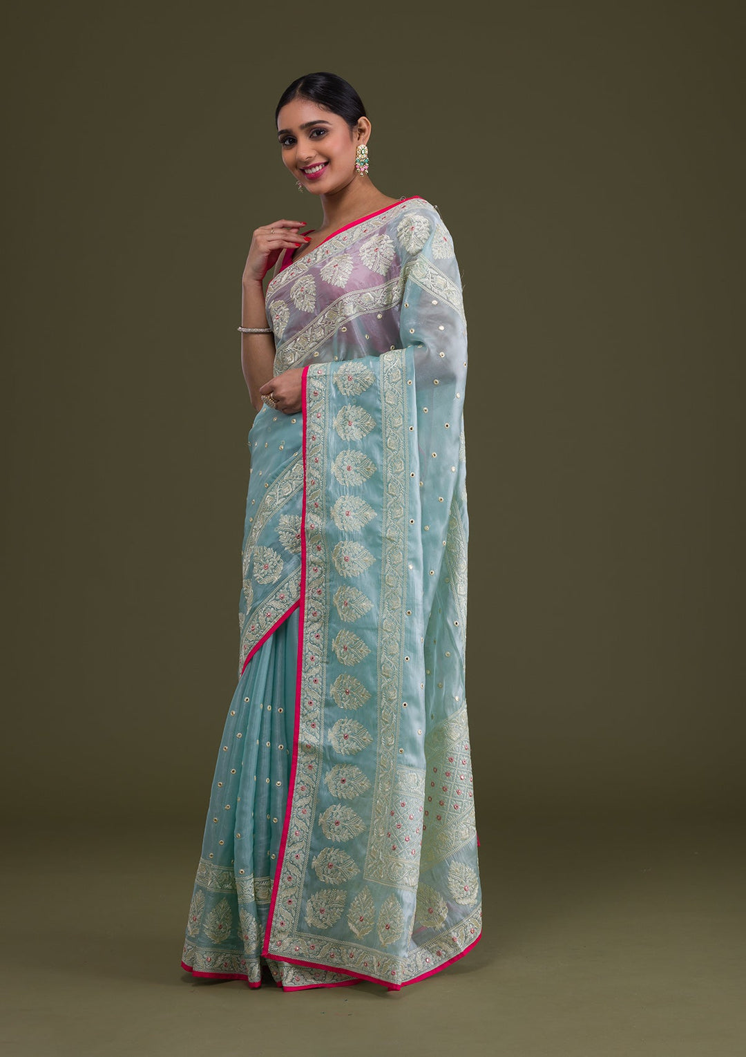 Sea Green Threadwork Organza Saree-Koskii