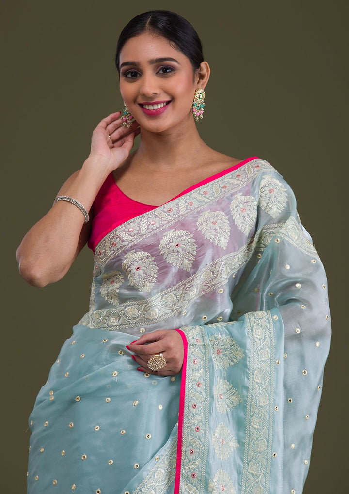 Sea Green Threadwork Organza Saree-Koskii