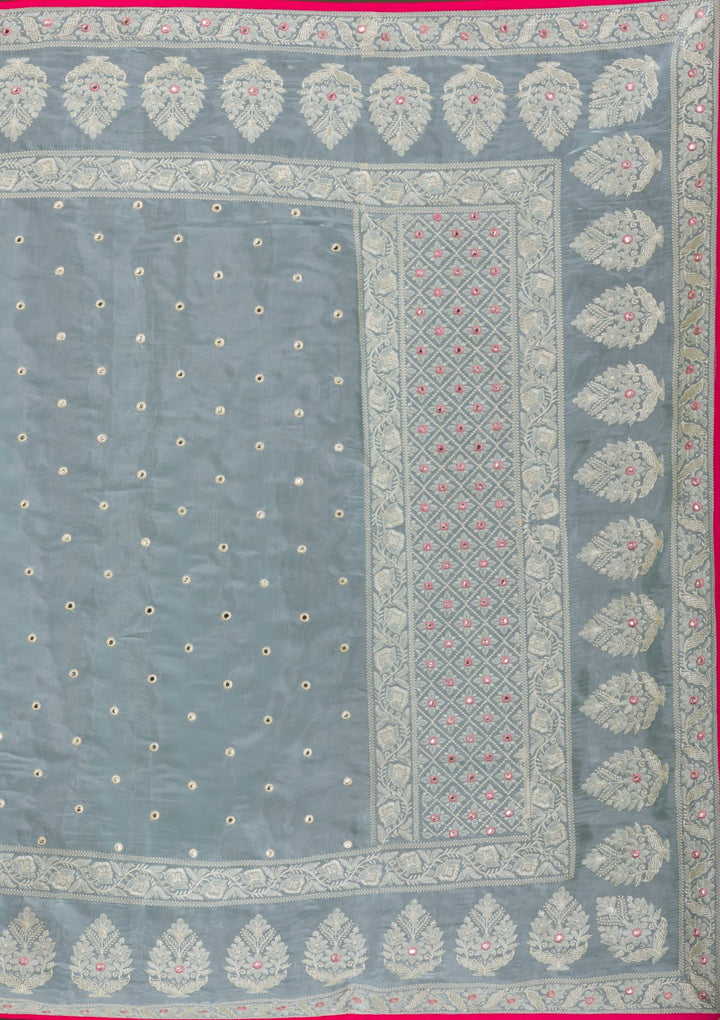Sea Green Threadwork Organza Saree-Koskii