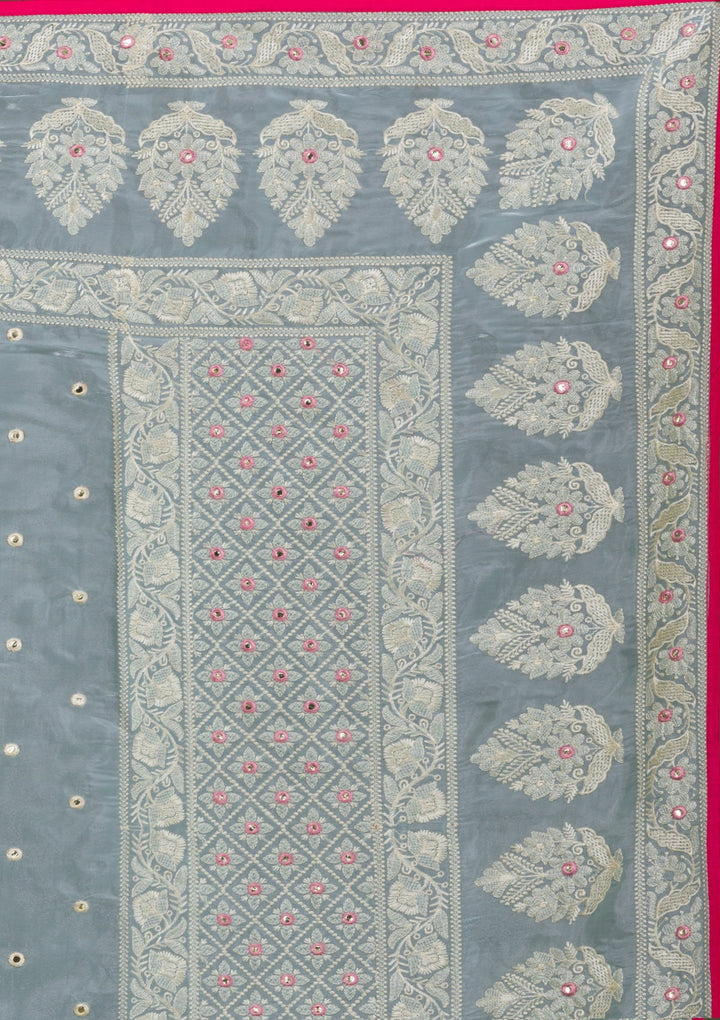 Sea Green Threadwork Organza Saree-Koskii
