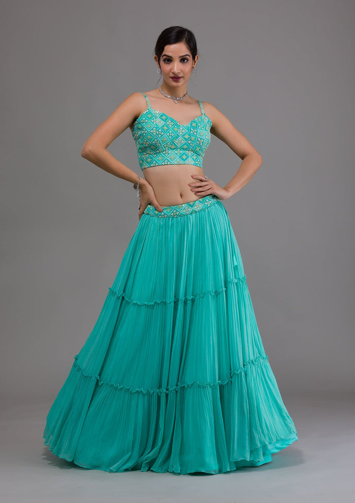 Sea Green Threadwork Georgette Readymade Lehenga-Koskii
