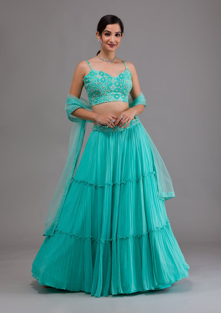 Sea Green Threadwork Georgette Readymade Lehenga-Koskii