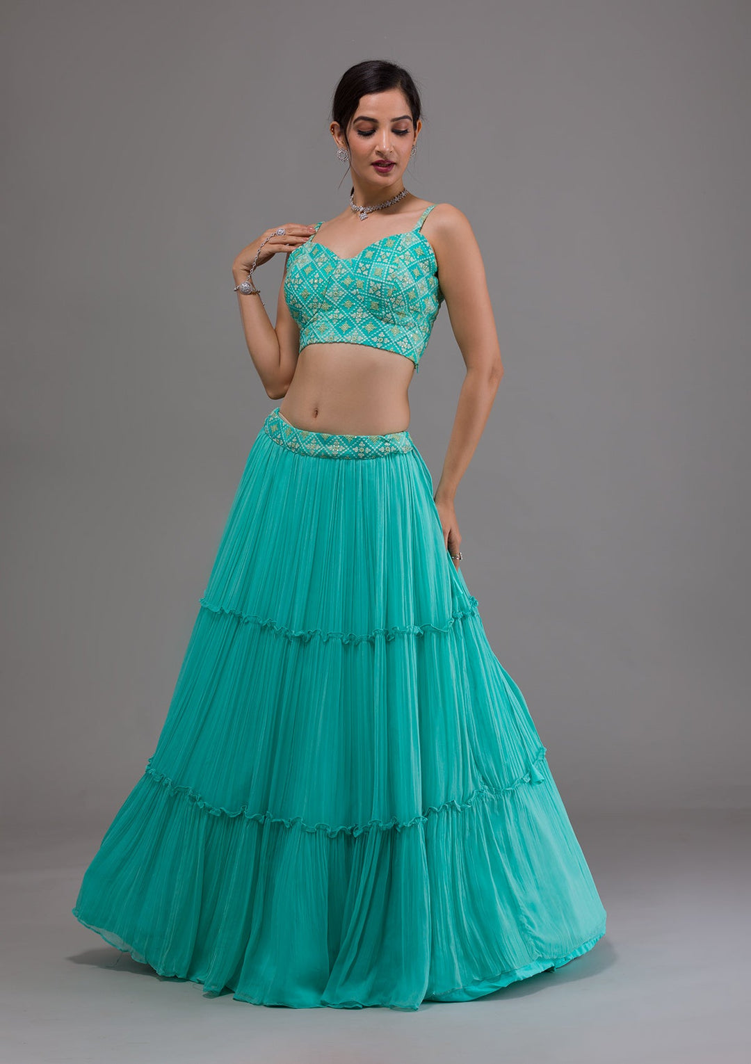 Sea Green Threadwork Georgette Readymade Lehenga-Koskii