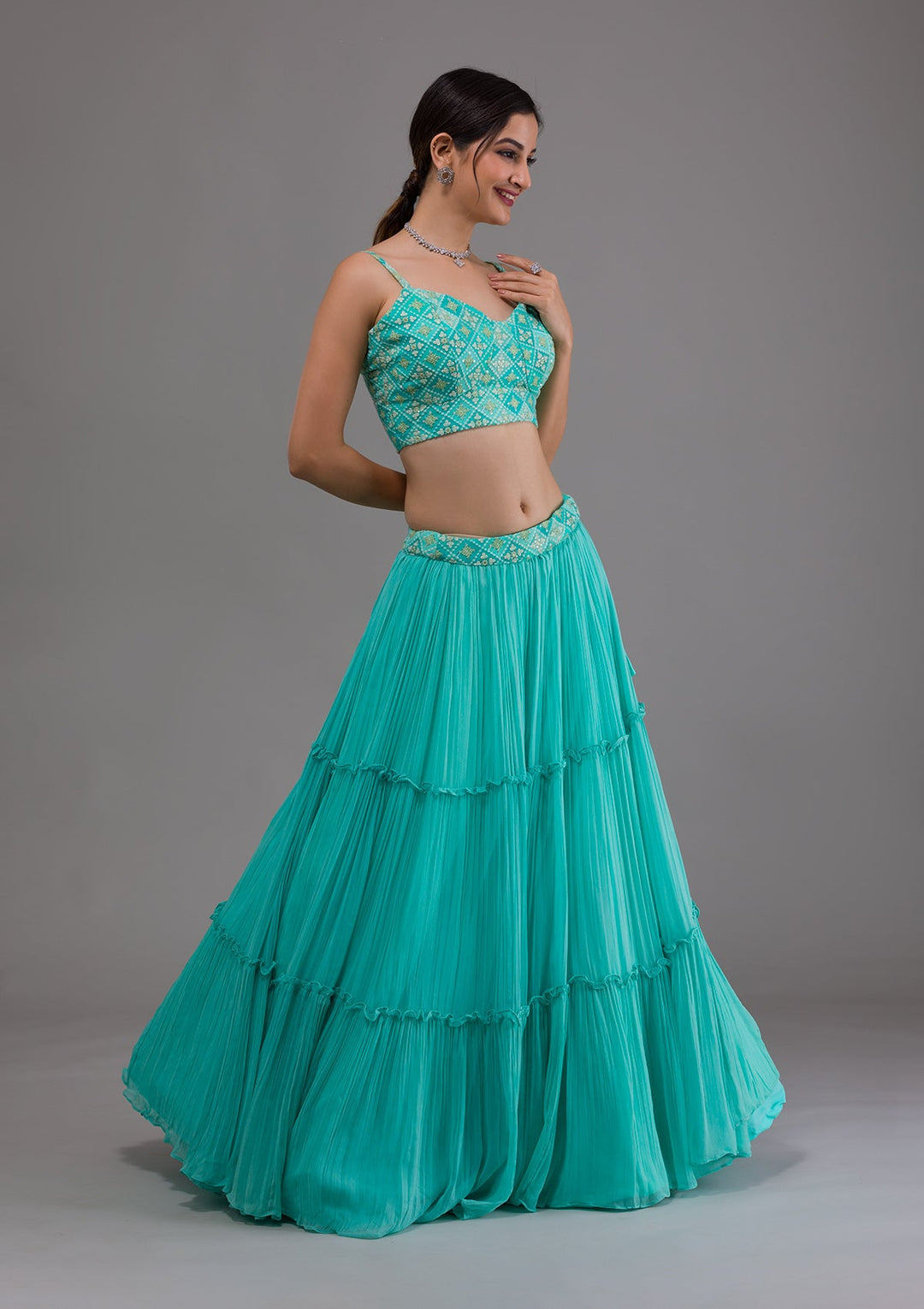 Sea Green Threadwork Georgette Readymade Lehenga-Koskii