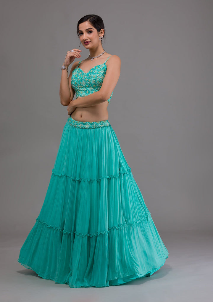 Sea Green Threadwork Georgette Readymade Lehenga-Koskii