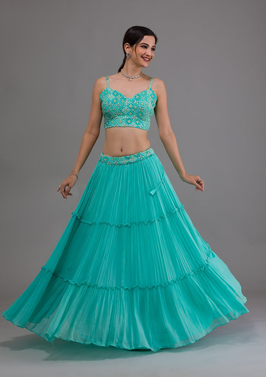 Sea Green Threadwork Georgette Readymade Lehenga-Koskii