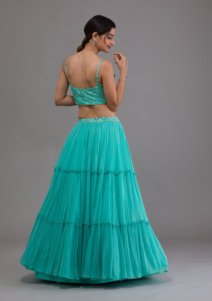 Sea Green Threadwork Georgette Readymade Lehenga-Koskii