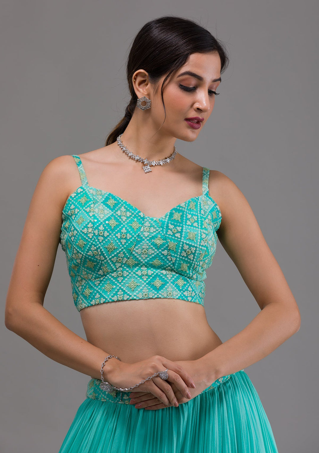 Sea Green Threadwork Georgette Readymade Lehenga-Koskii