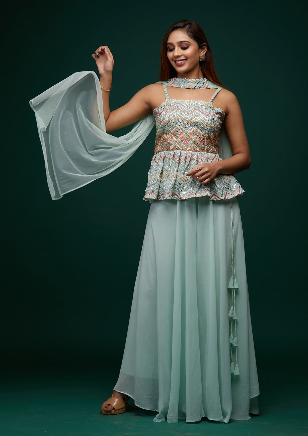 Sea Green Threadwork Georgette Designer Salwar Suit - Koskii