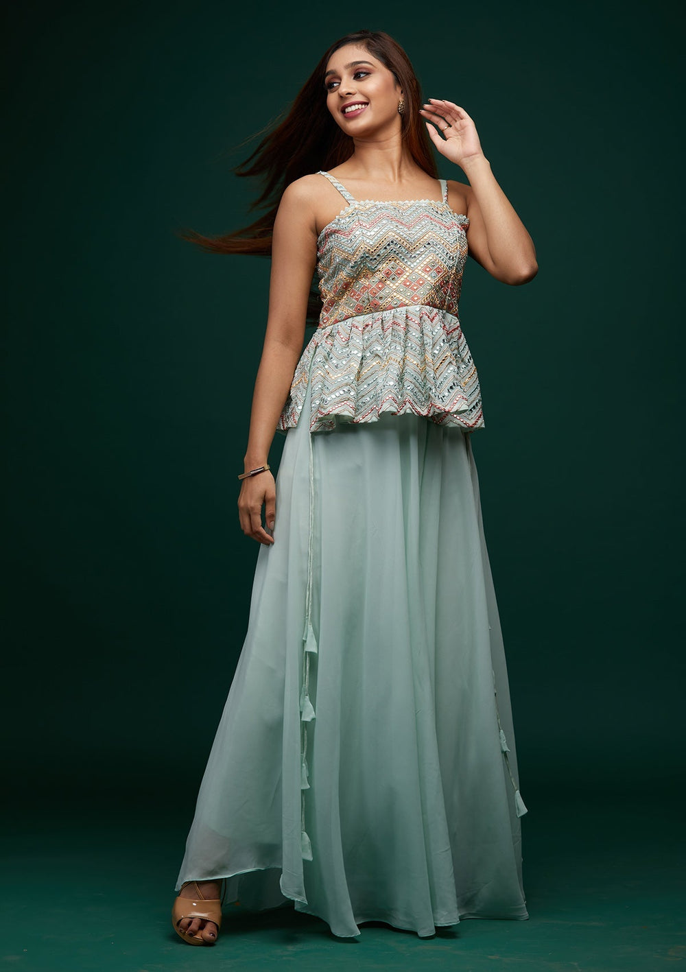 Sea Green Threadwork Georgette Designer Salwar Suit - Koskii